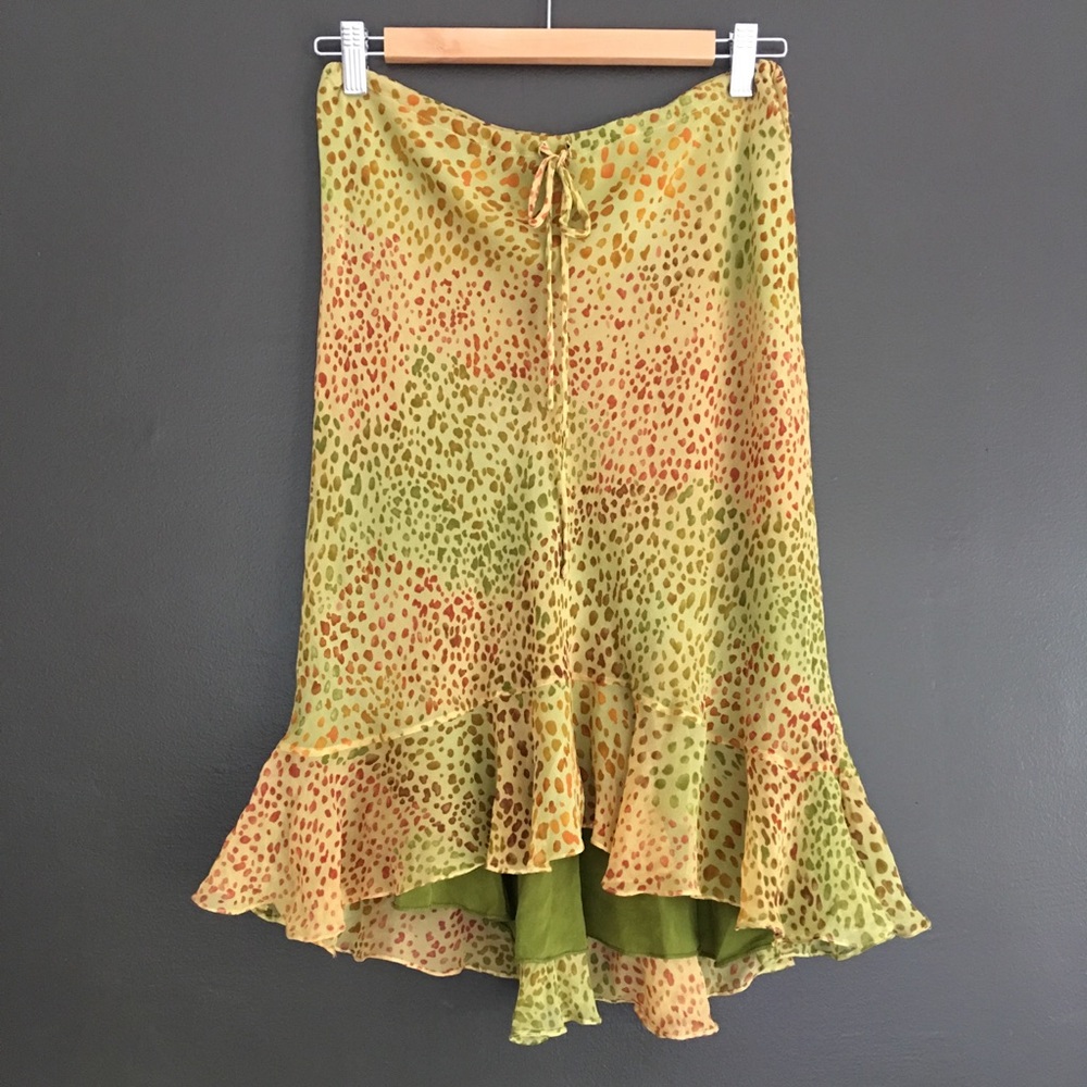 Green Silk Leopard Print Skirt- Sz 6, Fits XS S M